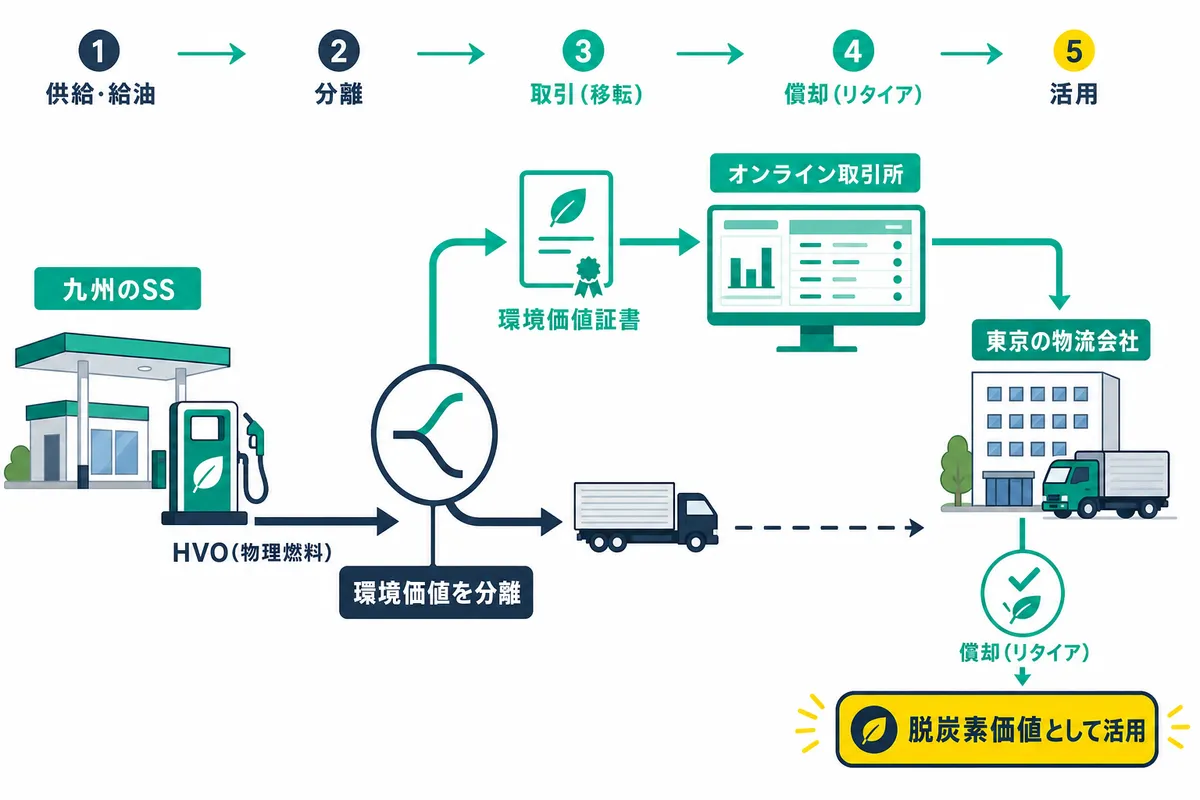 Book & Claim方式の仕組み図。九州のSSで供給されたHVO(物理燃料)から環境価値を分離して環境価値証書化し、オンライン取引所を通じて東京の物流会社が購入・償却して脱炭素価値として活用するまでの属性移転フローを示す。