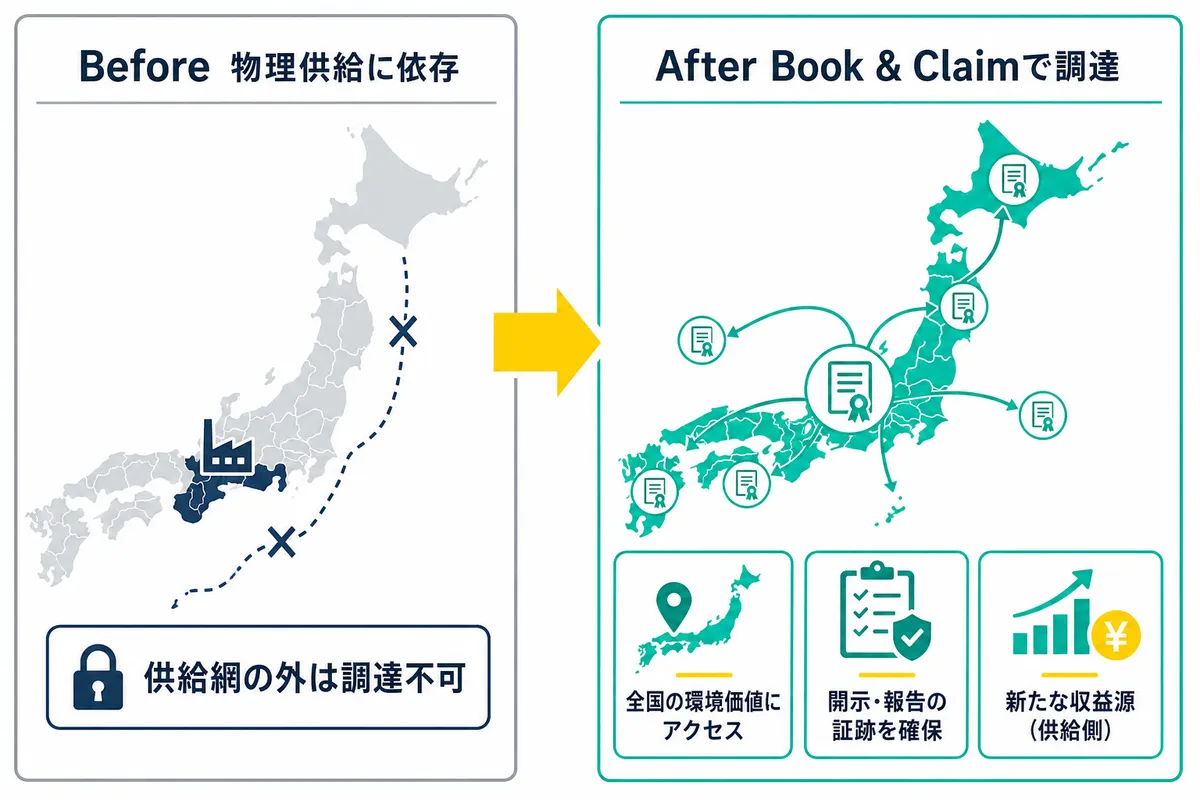 Book & Claim導入のビフォーアフター効果図。従来は物理供給に依存し供給網の外では環境価値を調達できないが、本サービスでは全国の環境価値にアクセスでき、開示・報告の証跡確保や供給側の新たな収益源につながることを対比で示す。