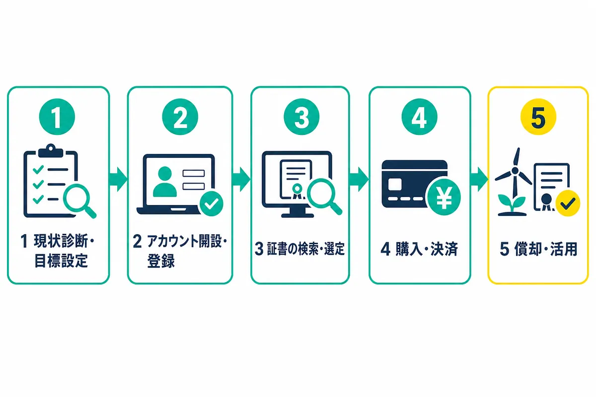 バイオ燃料Book & Claim取引所の導入プロセスを示す5ステップのフロー図。現状診断・目標設定、アカウント開設・登録、証書の検索・選定、購入・決済、償却・活用の順に、環境価値証書の調達から活用までの流れを解説。
