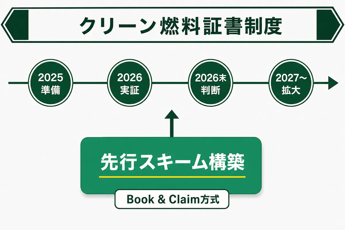 クリーン燃料証書制度のタイムライン(2025年準備・2026年実証・2026年末判断・2027年以降拡大)と、Book & Claim方式で自社スキームを先行構築する位置づけを示す構造図。制度確定前に環境属性証書スキームを整備する意義を表す。