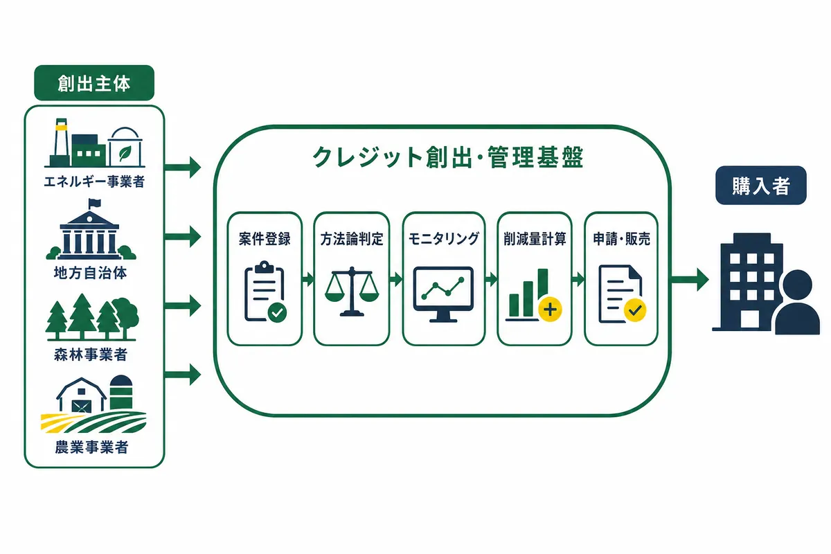 カーボンクレジット創出・管理基盤の全体像を示す仕組み図。左の創出主体(エネルギー・自治体・森林・農業)から基盤へ案件が入り、案件登録・方法論判定・モニタリング・削減量計算・申請・販売の流れを経て購入者へつながる構成を表す。