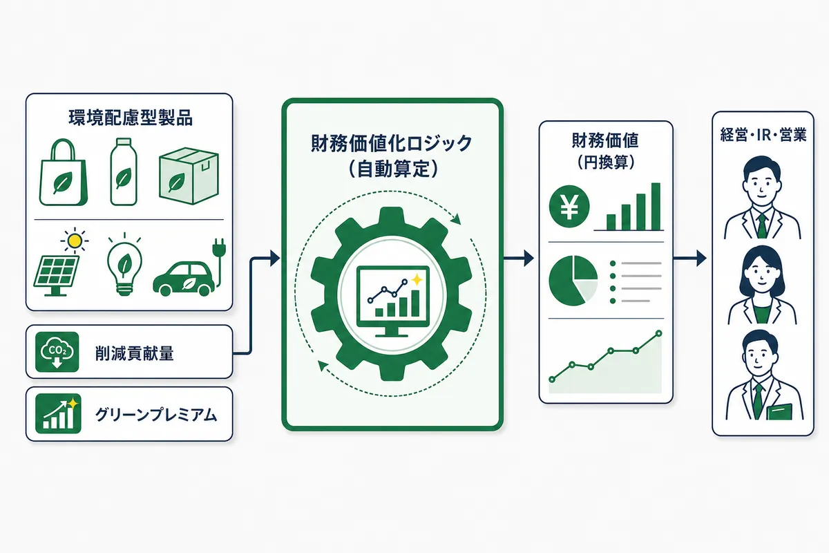 環境配慮型製品の削減貢献量やグリーンプレミアムのデータが、財務価値化ロジックによる自動算定を経て財務価値(円換算)へ変換され、経営・IR・営業に届く仕組みの全体像を示した図。環境価値の見える化と財務価値化プラットフォームの流れを表す。