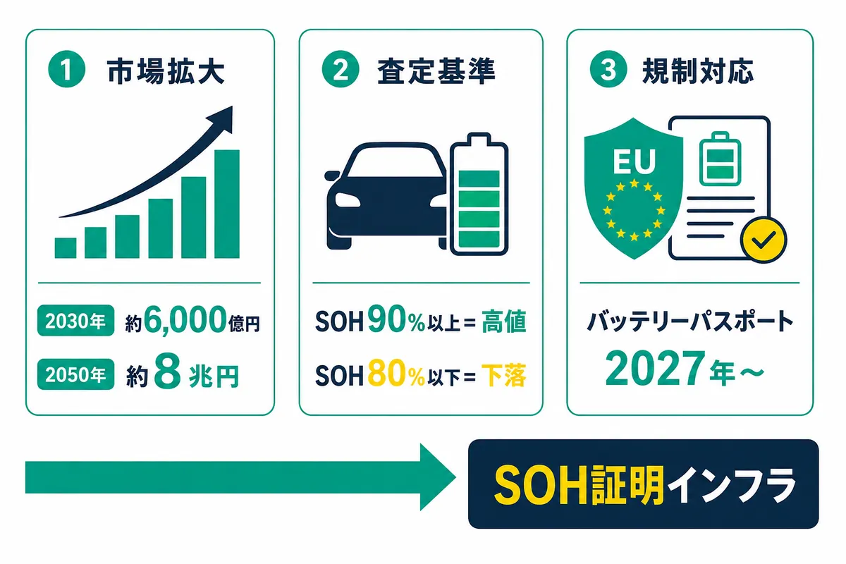 SOH証明インフラの必要性を示す市場背景・規制の構造図。国内EV電池市場が2030年に約6,000億円・2050年に約8兆円へ成長する見通し、SOH90%以上で高値・80%以下で下落する査定基準、2027年からのバッテリーパスポート義務化という三つの潮流を整理したインフォグラフィック。