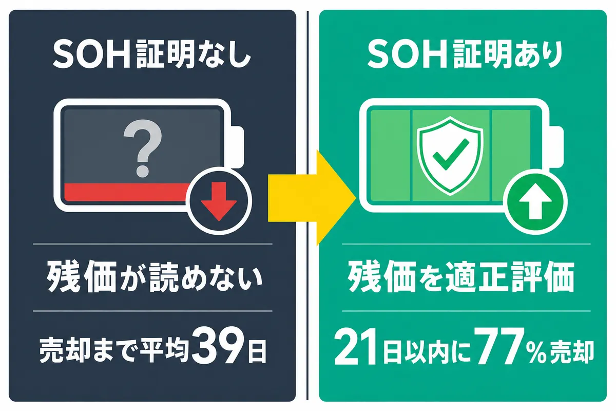 SOH証明の導入効果を示すビフォーアフター図。証明がない場合は残価が読めず売却まで平均39日を要する一方、SOH証明があれば残価を適正評価でき21日以内に77%が売却されたという欧州調査を対比し、中古EV残価の適正化と販売スピード改善のメリットを表現。