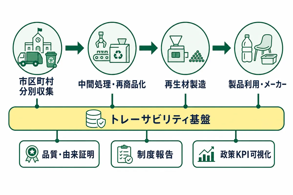 資源循環トレーサビリティ基盤の全体像を示す仕組み図。市区町村の分別収集から中間処理・再商品化、再生材製造、製品利用・メーカーまでの流れを、トレーサビリティ基盤が一本につなぎ、品質・由来証明、制度報告、政策KPI可視化を支える構成を表す。
