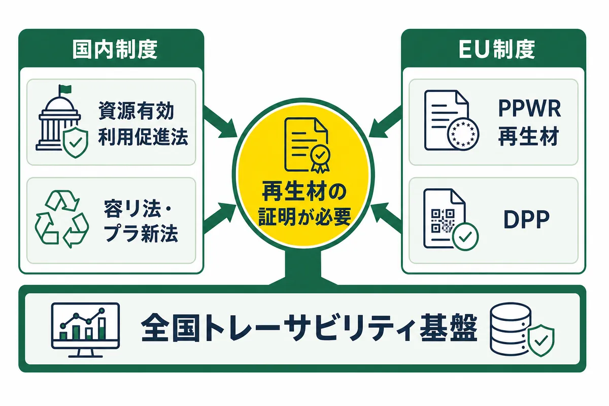 国内の資源有効利用促進法・容リ法・プラ新法と、EUのPPWR・デジタル製品パスポート(DPP)の双方が再生材の証明を求める構図を示すインフォグラフィック。両制度が「再生材の証明が必要」という結節点に集まり、その基盤として全国トレーサビリティ基盤が位置づけられることを表す。